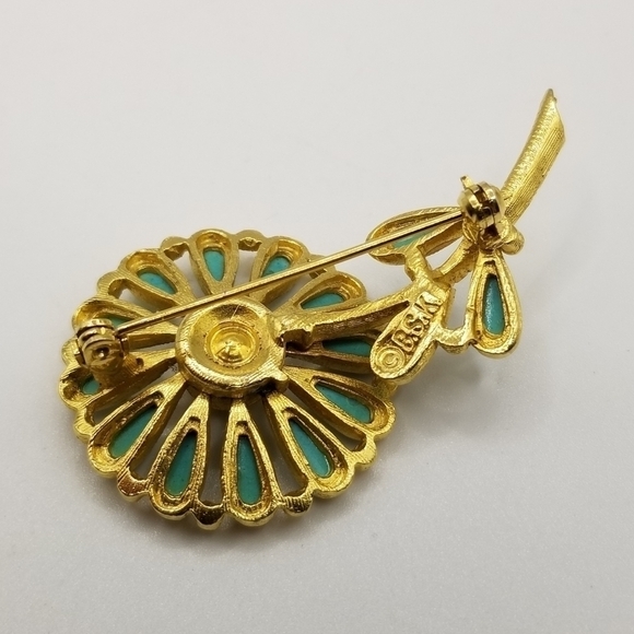 Vintage BSK Turquoise Gold Tone Flower Daisy Costume Jewelry Pin Brooch Signed - Picture 6 of 10